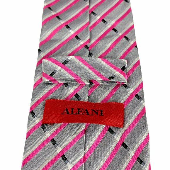 Alfani Pink Gray Black Diagonal Striped Silk‎ Tie - Picture 5 of 6